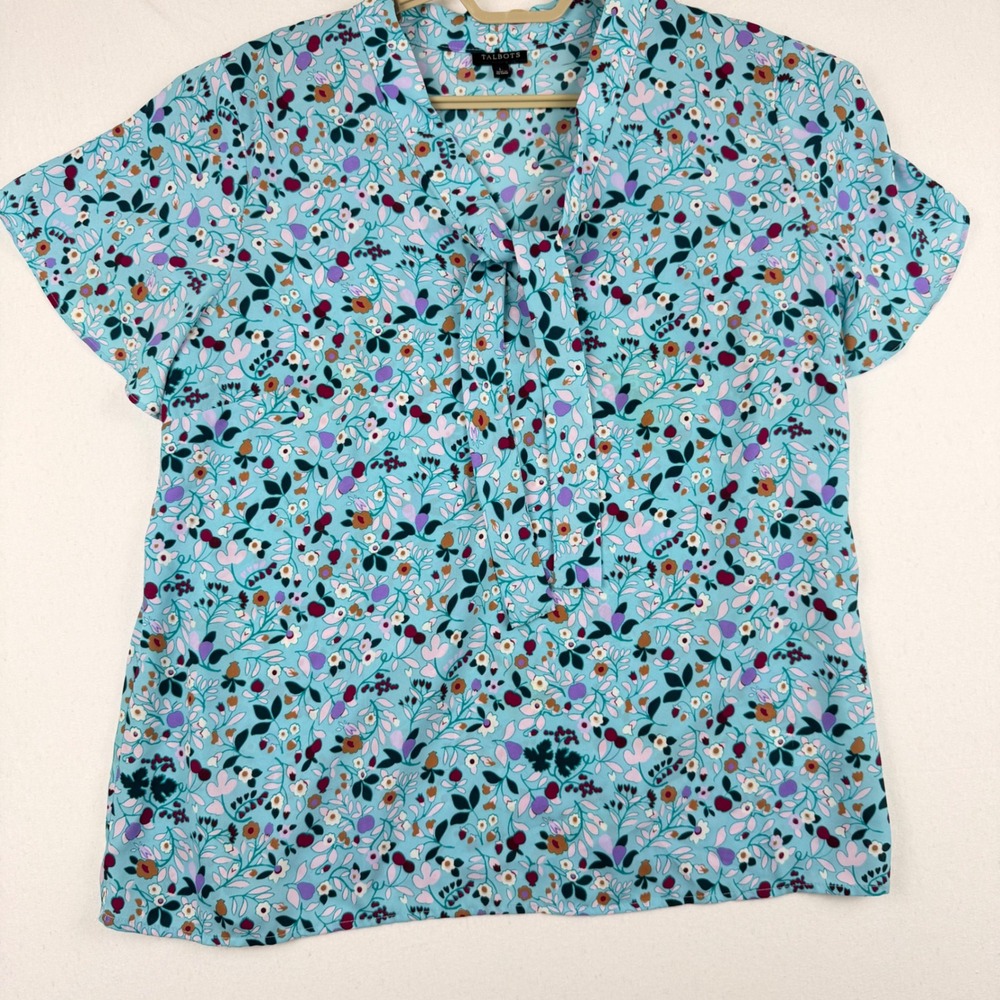 Talbots Womens Large Blue Floral Tie Neck Short Sleeve Blouse Top